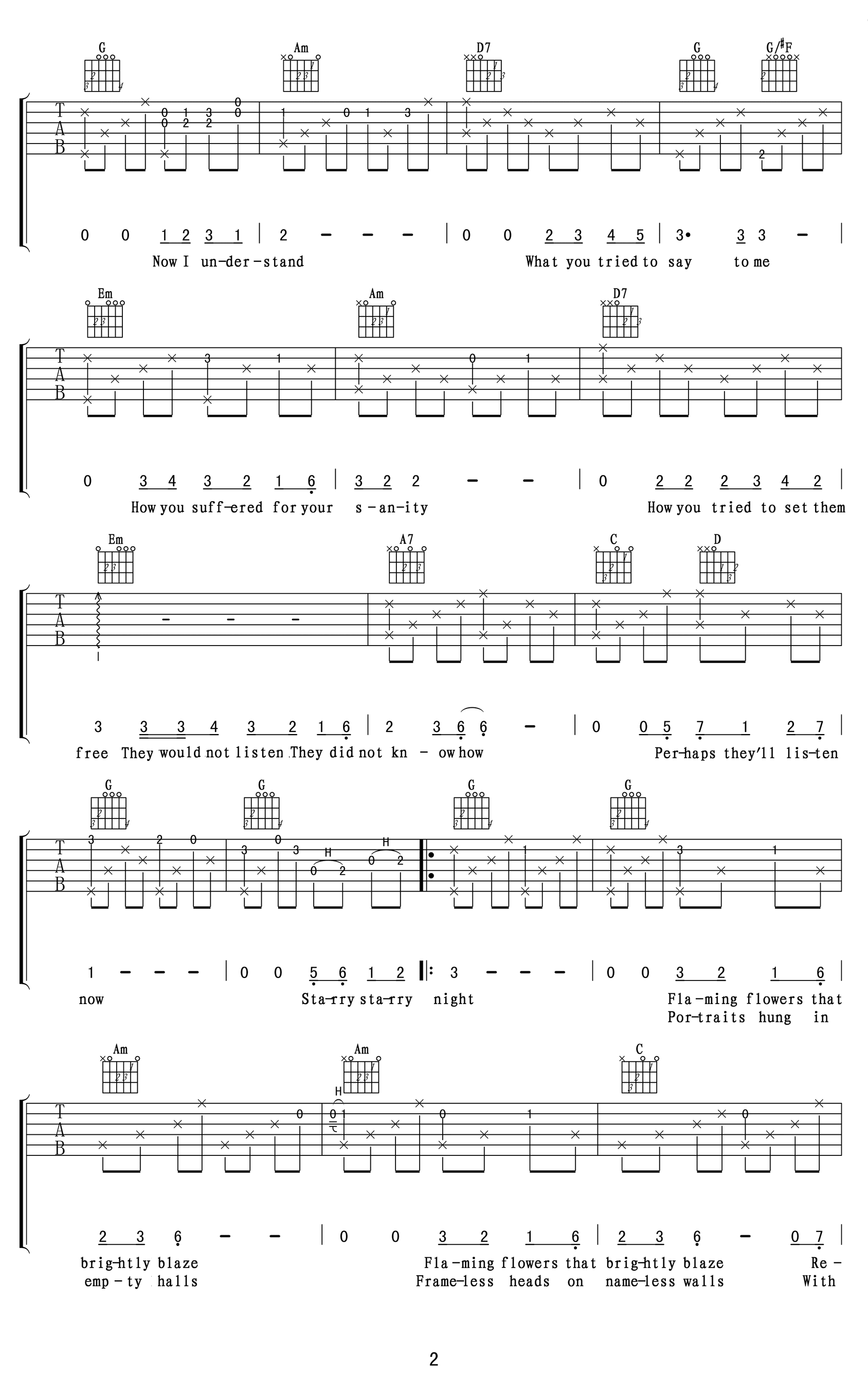 Vincent吉他谱_Don_Mclean_G调原版六线谱_吉他弹唱教学