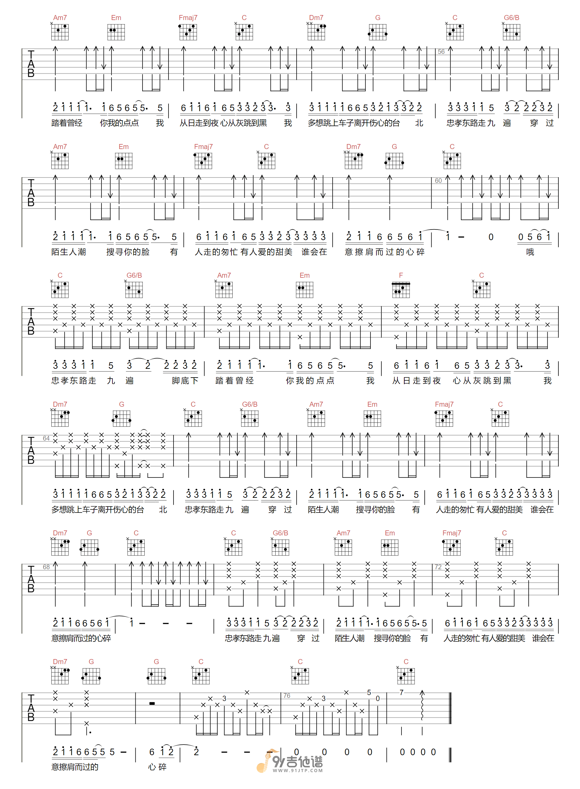 动力火车_忠孝东路走九遍_吉他谱_C调指法原版编配_民谣吉他弹唱六线谱