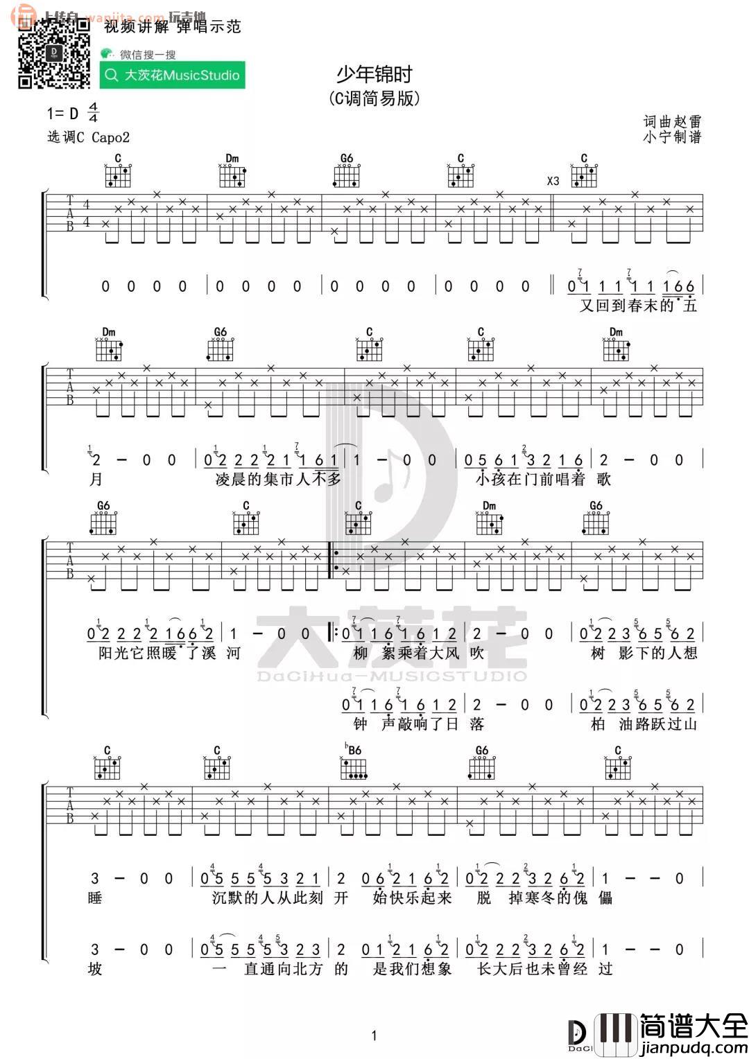 _少年锦时_吉他谱_C调简单版六线谱_高清图片谱_赵雷