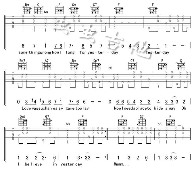 yesterday吉他谱_F调六线谱_虫虫吉他编配_the_beatles