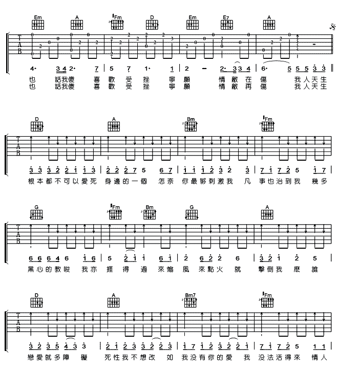 死性不改吉他谱_D调六线谱_女生版_Twins