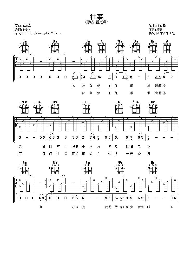 往事吉他谱_D调女生版_阿潘音乐工场编配_孟庭苇