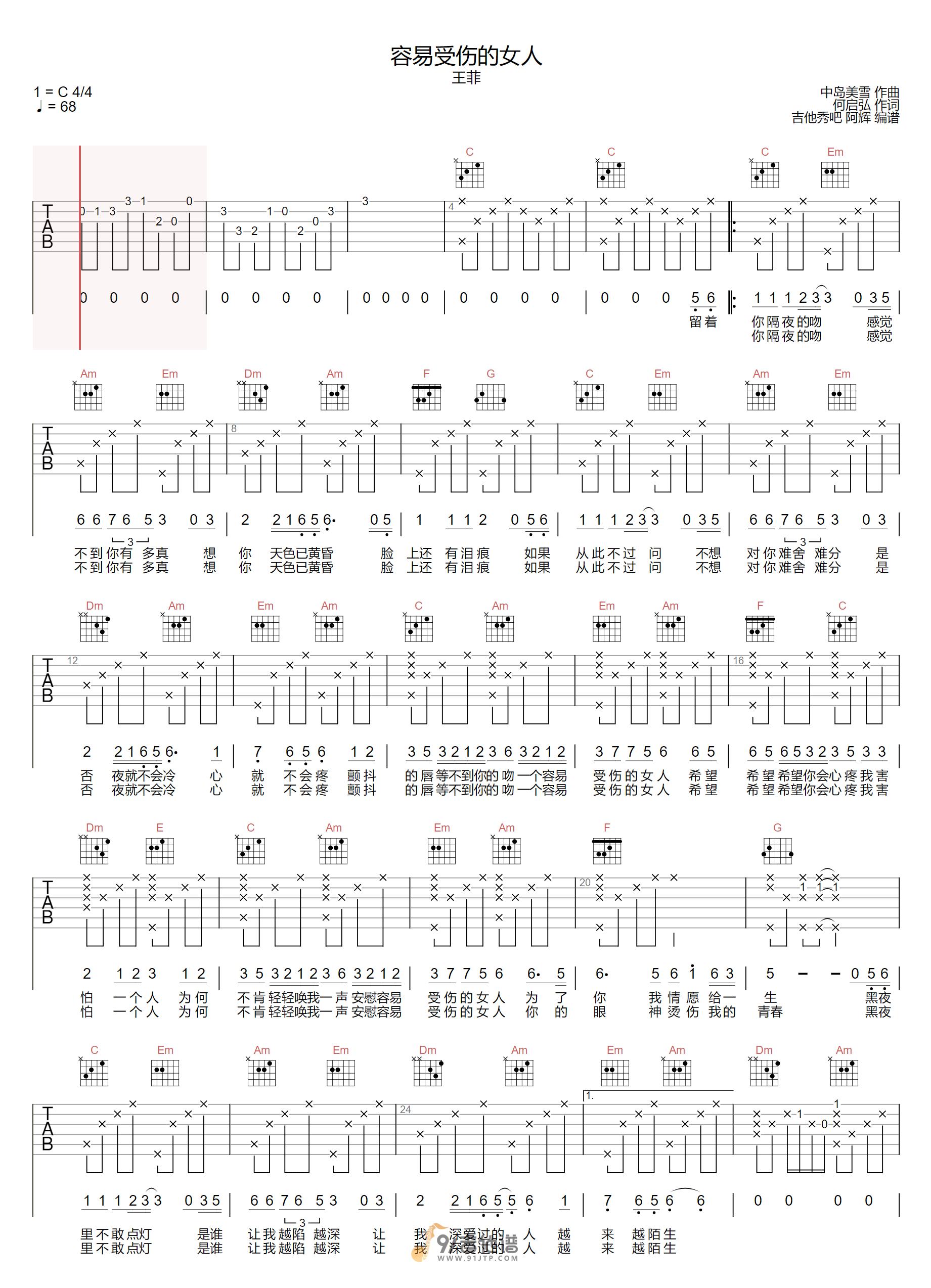 王菲_容易受伤的女人_吉他谱_C调指法原版编配_民谣吉他弹唱六线谱