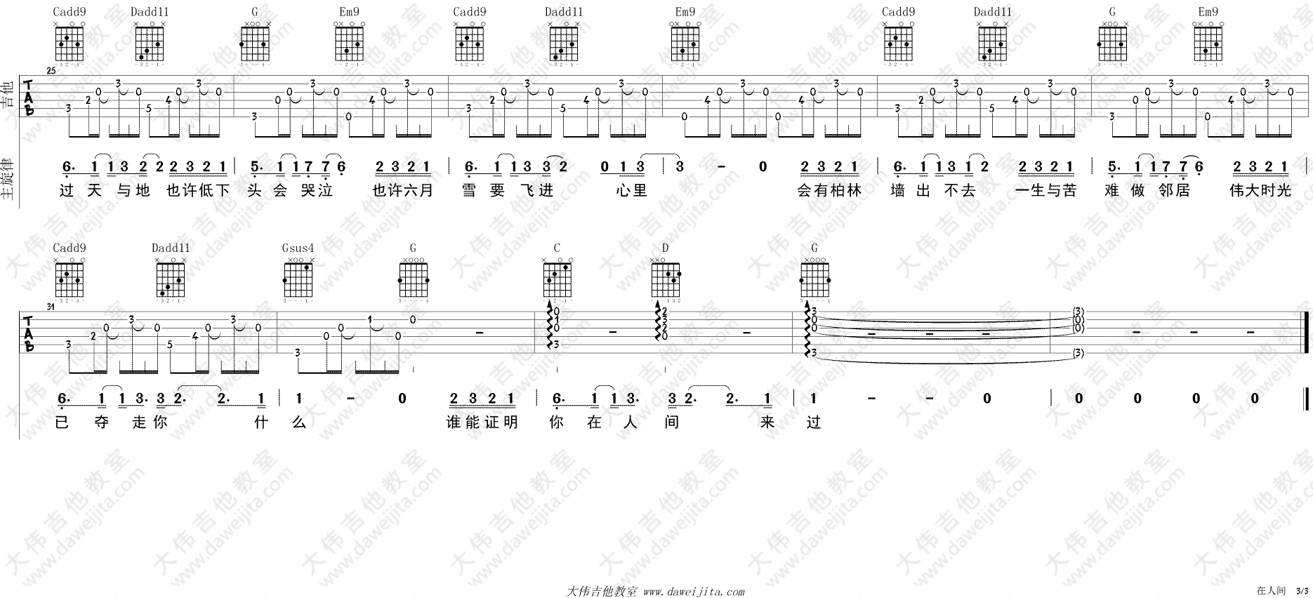 在人间吉他谱_G调_大伟吉他教室编配_王建房