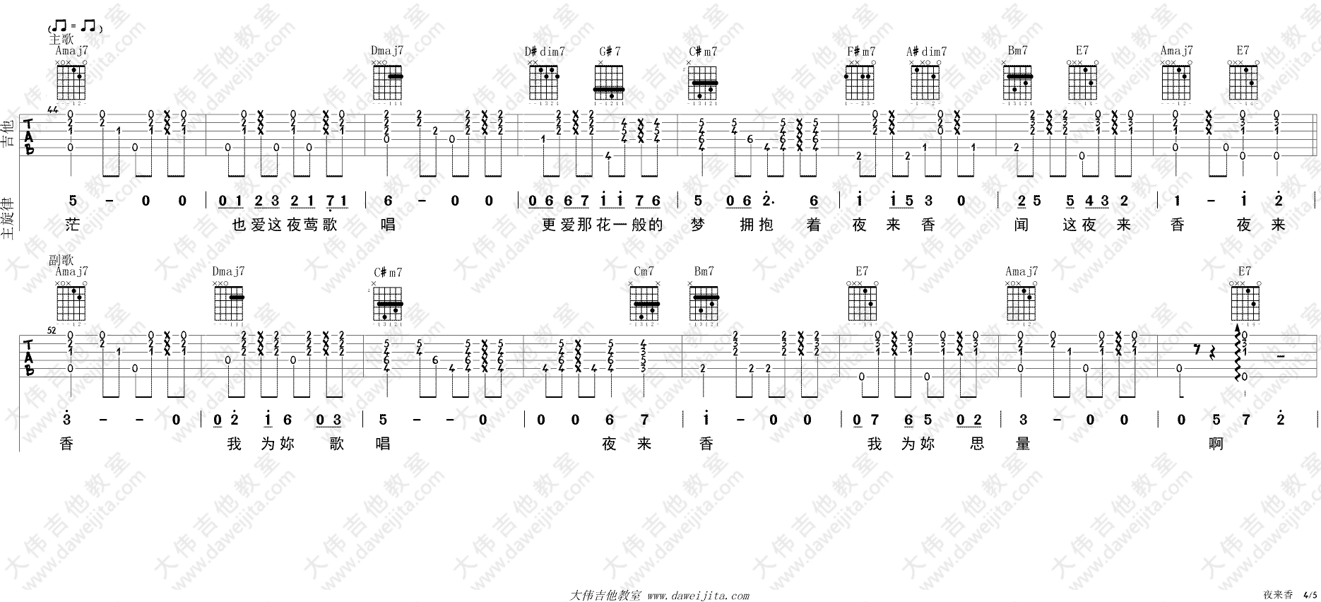夜来香吉他谱_A调精选版_大伟吉他教室编配_邓丽君