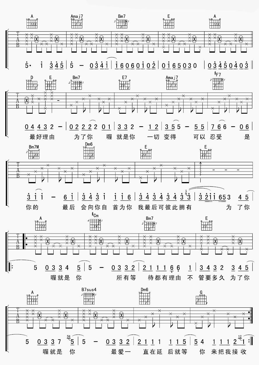 为了认识你吉他谱_B调六线谱_许榕编配_周笔畅