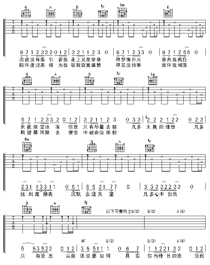 谁伴我闯荡|认证谱|吉他谱|图片谱|高清|BEYOND