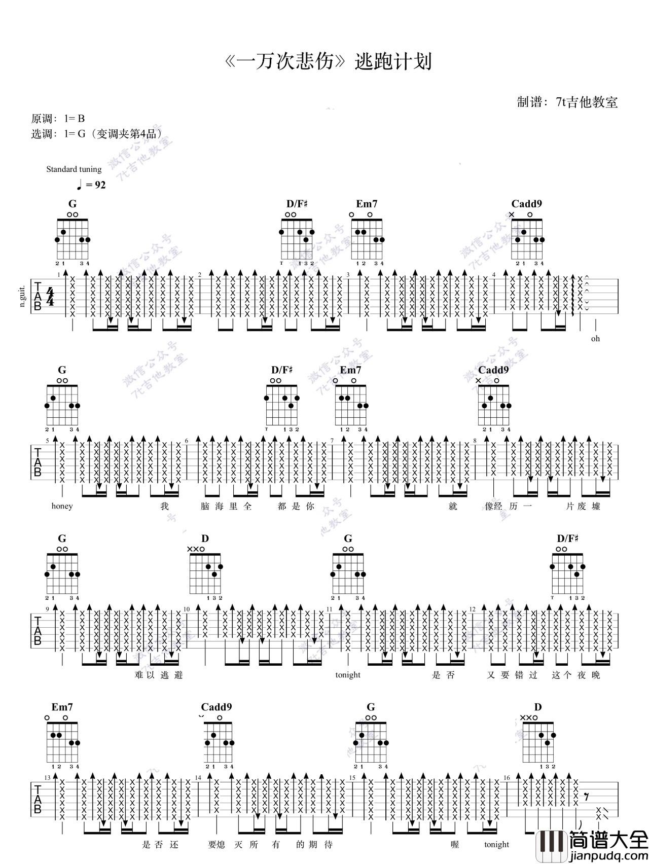 一万次悲伤_逃跑计划_图片谱标准版_吉他谱_逃跑计划_吉他图片谱_高清