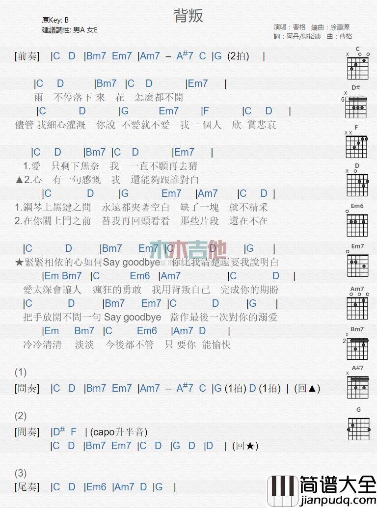 曹格_背叛_吉他谱_Guitar_Music_Score