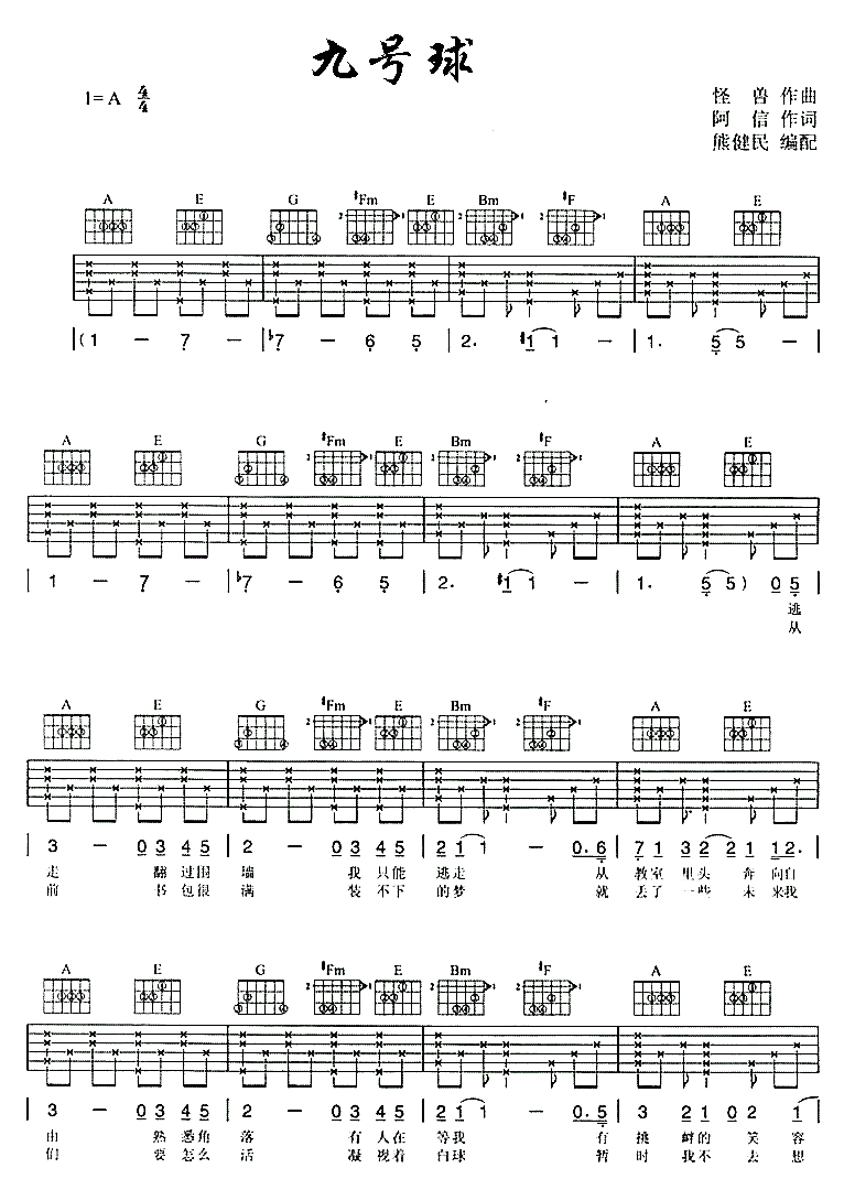 九号球|吉他谱|图片谱|高清|五月天