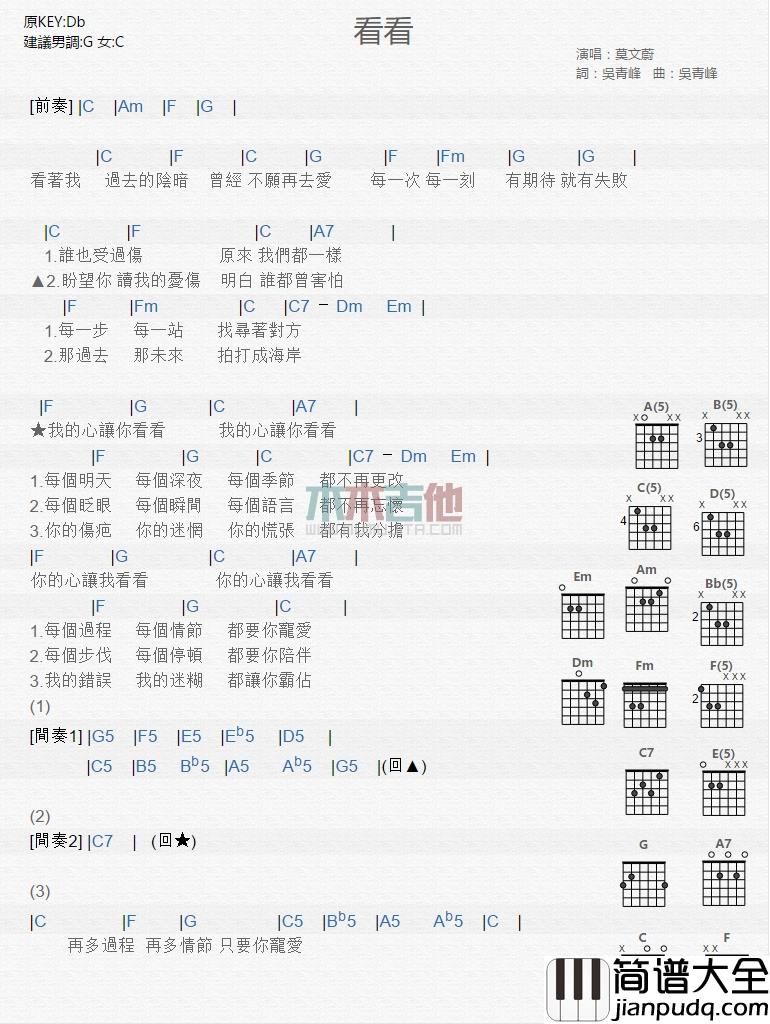 莫文蔚_看看_吉他谱_Guitar_Music_Score