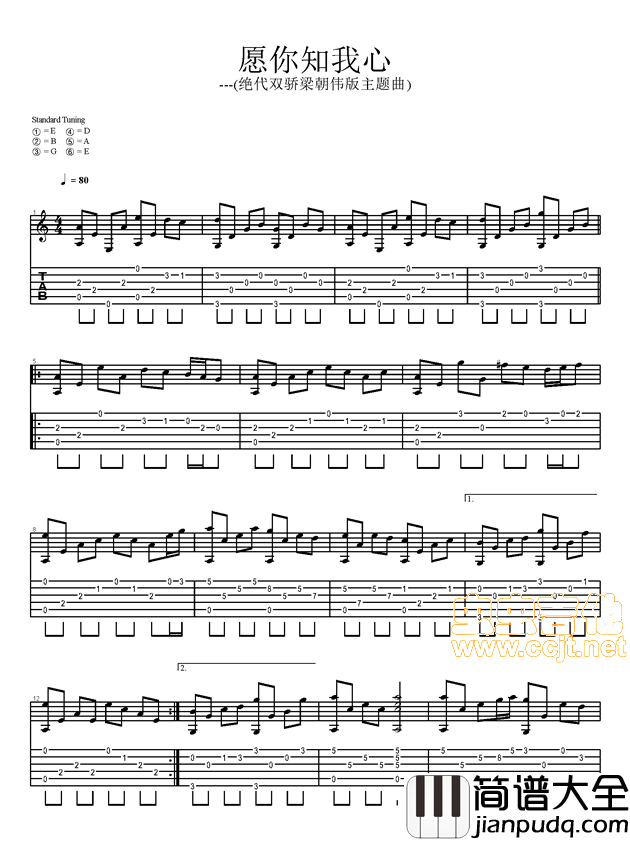 愿你知我心_绝代双骄_图片谱标准版_吉他谱_梁朝伟_吉他图片谱_高清