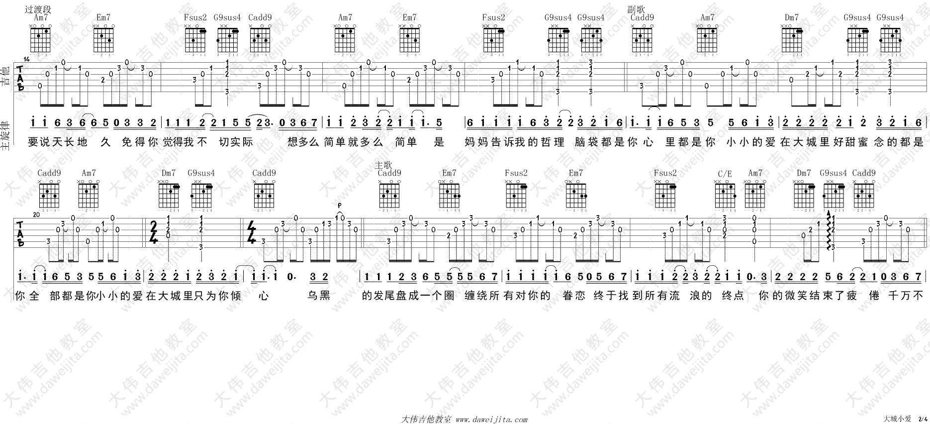 大城小爱吉他谱_王力宏_弹唱教学视频_C转D调