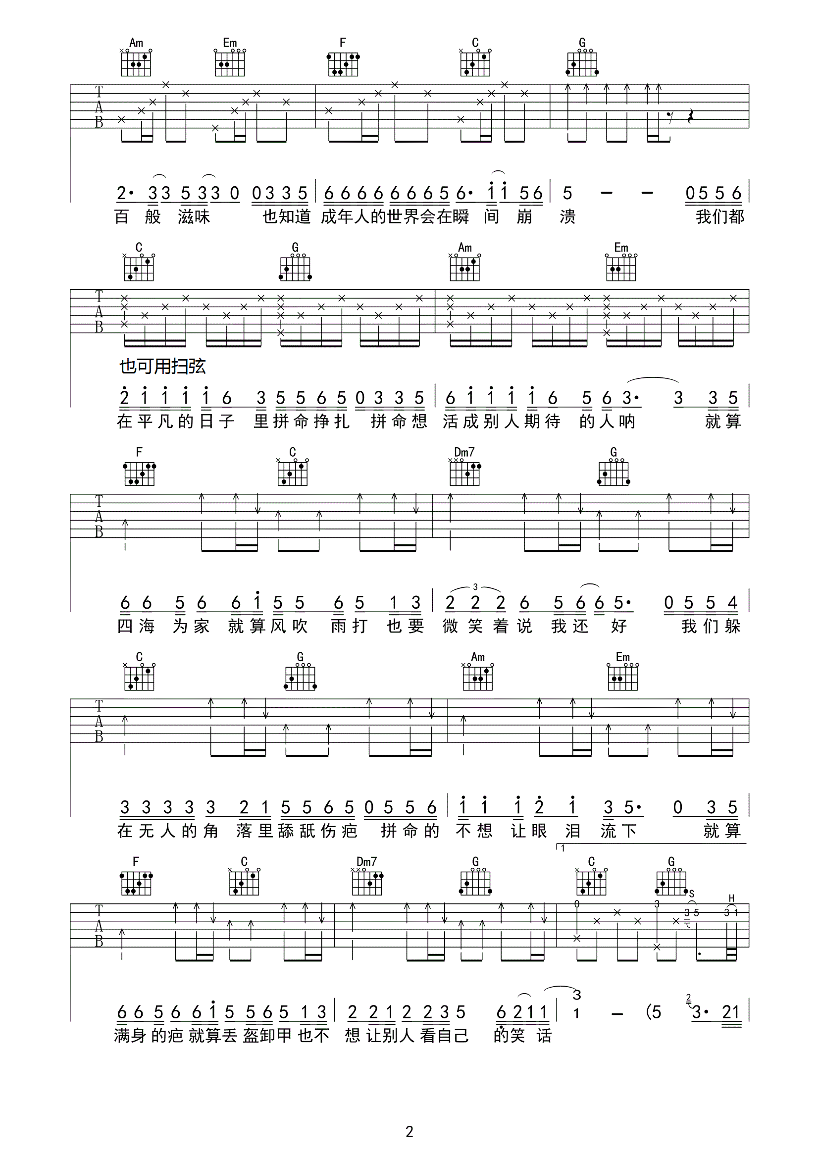 平凡日子里的挣扎吉他谱_曾抖抖演唱歌曲_C调指法编配版