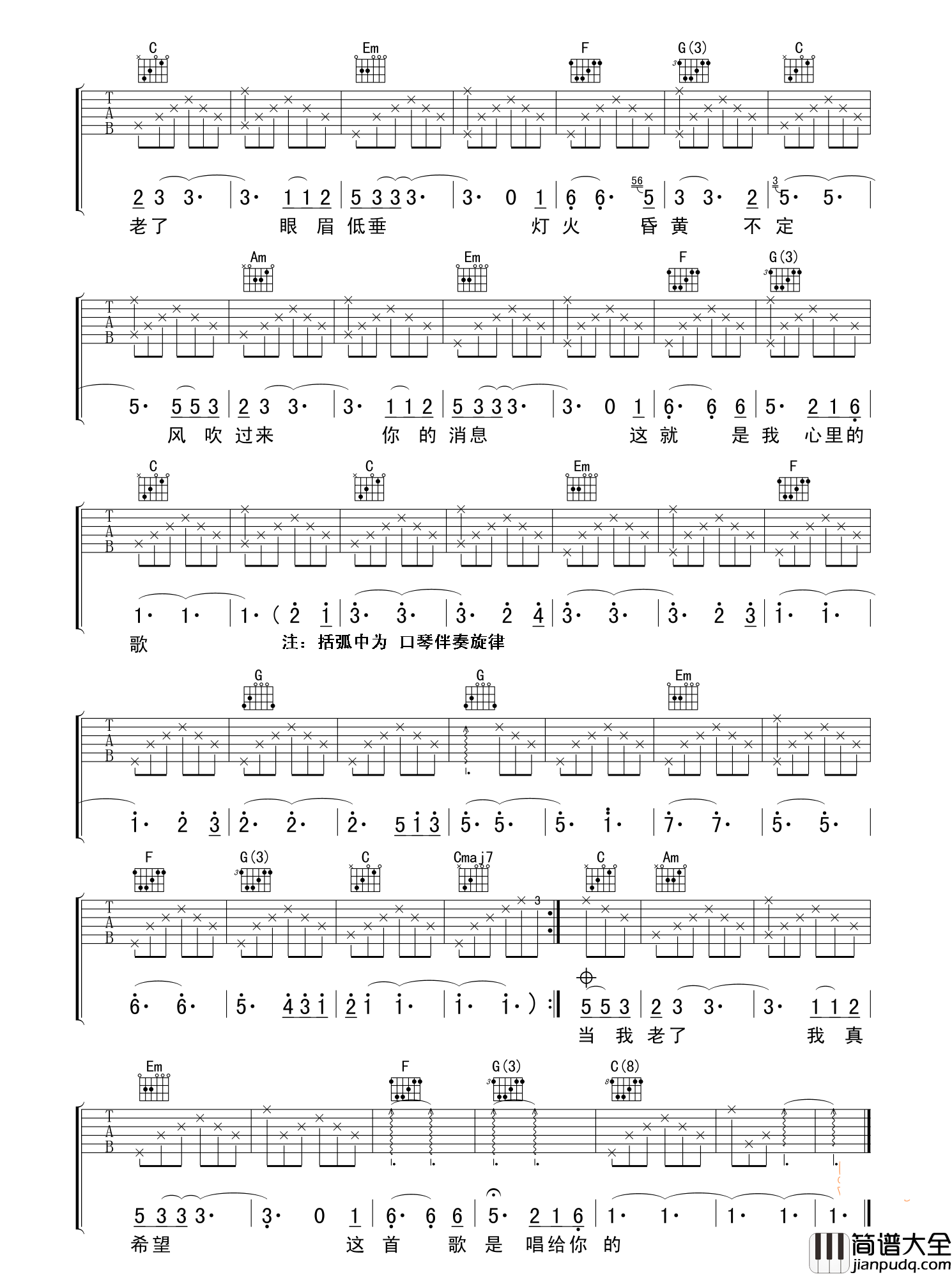 当你老了_中国好歌曲_赵照现场版_吉他谱_赵照_吉他图片谱_高清