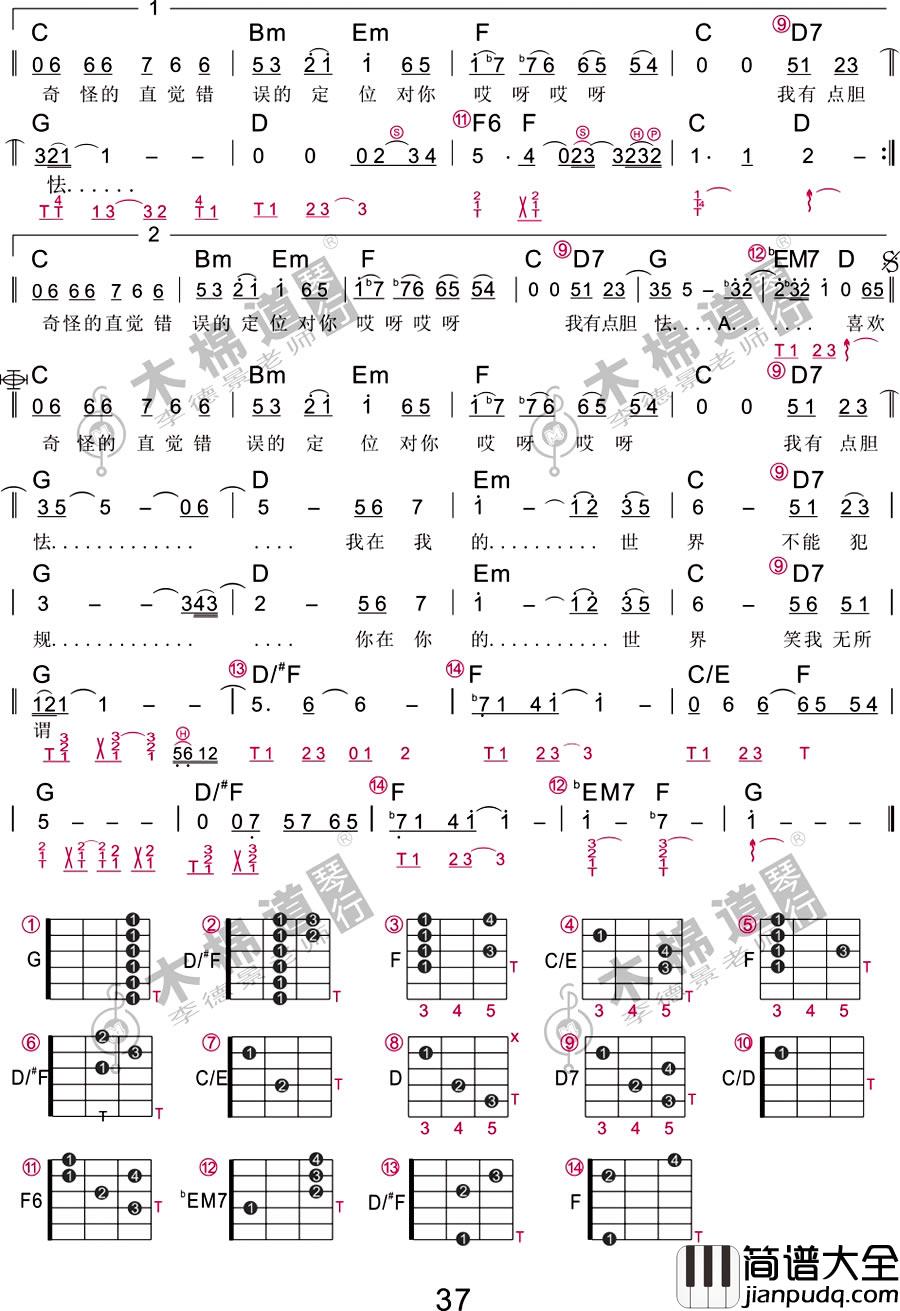 胆小鬼吉他谱_梁咏琪_胆小鬼弹唱谱_四合一专用谱手指代号
