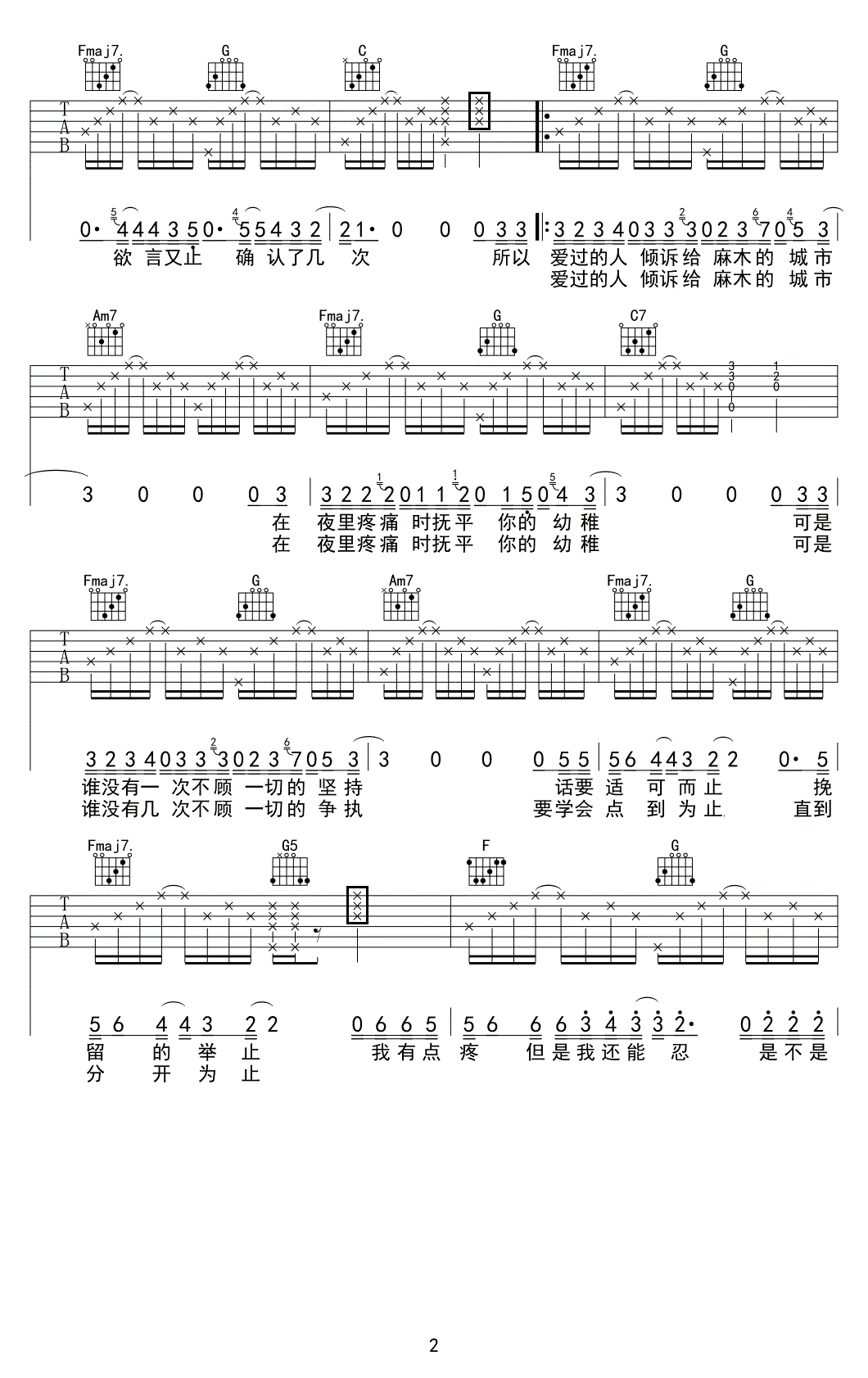 薛之谦_天份_吉他谱_C调六线谱_高清版