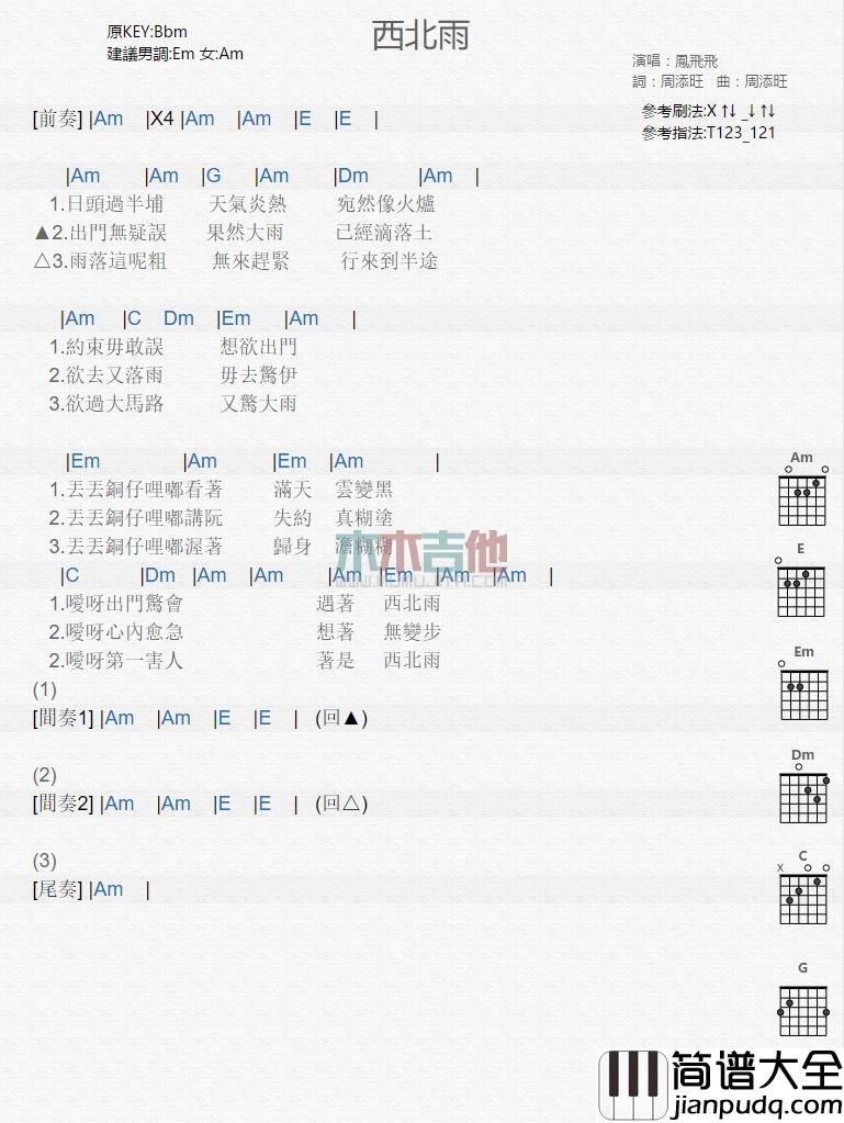 凤飞飞_西北雨_吉他谱_Guitar_Music_Score