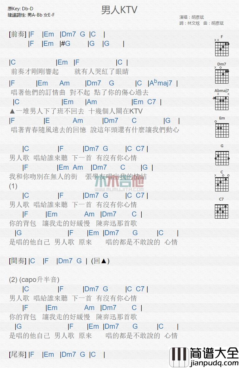 胡彦斌_男人KTV_吉他谱_Guitar_Music_Score