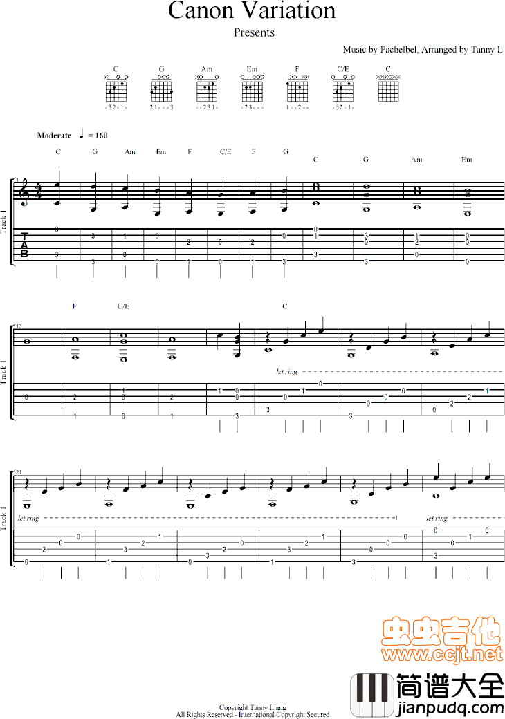 卡农吉他版C调自编|吉他谱|图片谱|高清|帕赫贝尔|Pachelbel