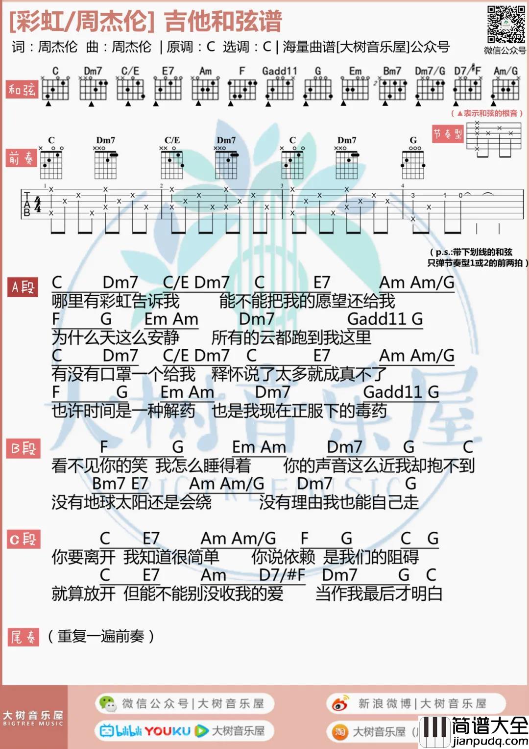 周杰伦_彩虹_吉他谱(C调)_Guitar_Music_Score