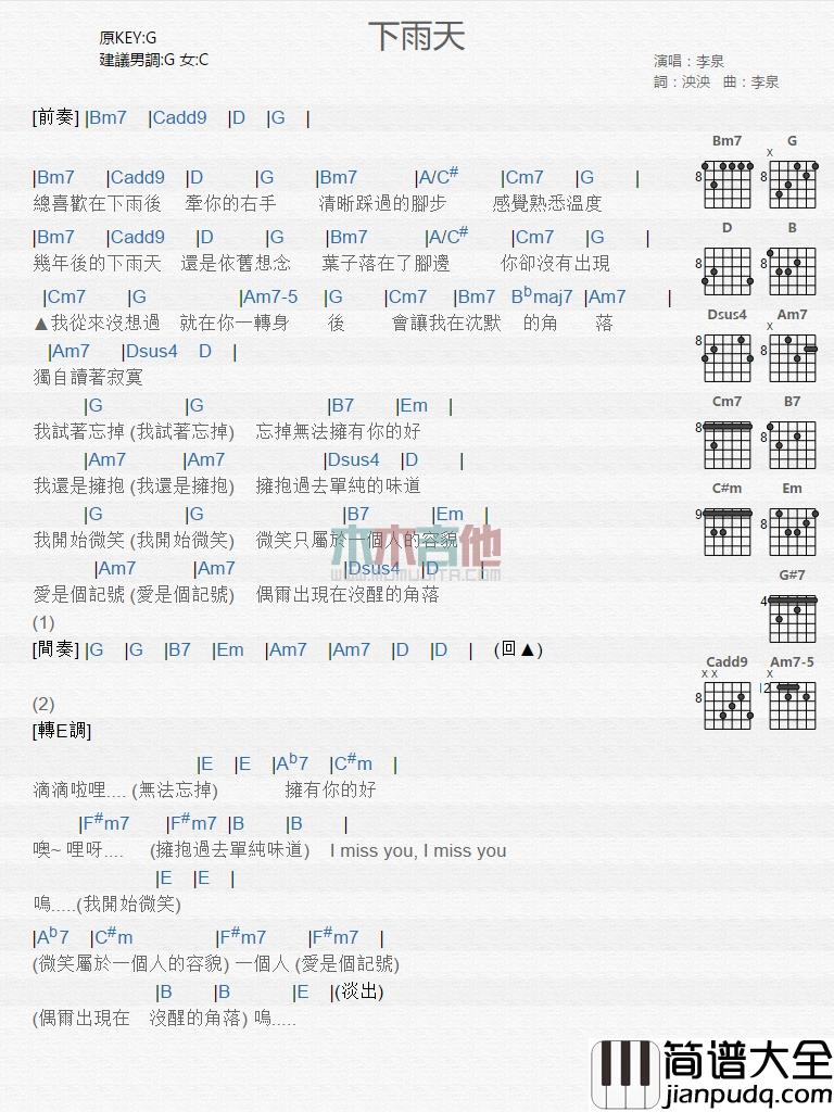 李泉_下雨天_吉他谱_Guitar_Music_Score