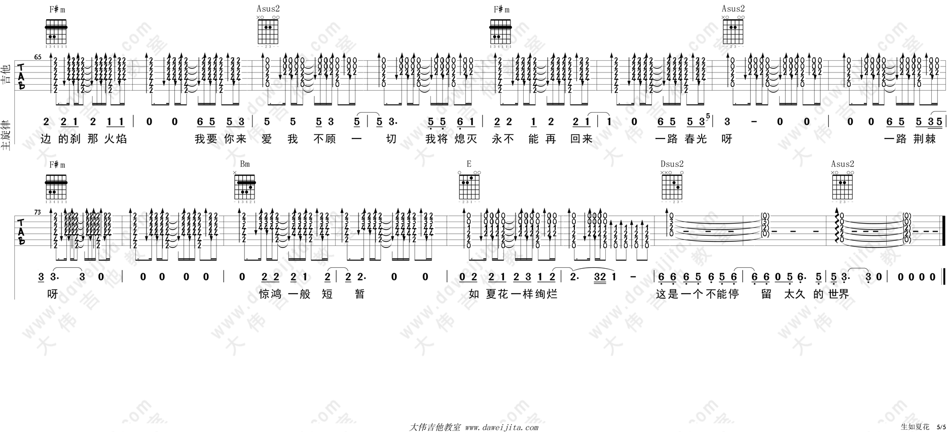 朴树_生如夏花_吉他谱(A调)_Guitar_Music_Score