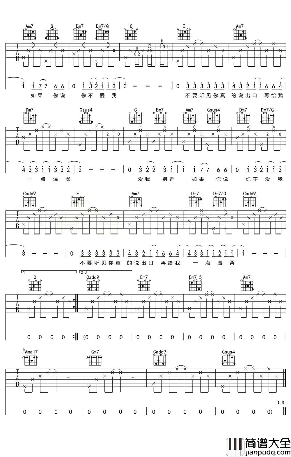 张震岳_爱我别走_吉他谱_C调弹唱谱(高清图片谱)