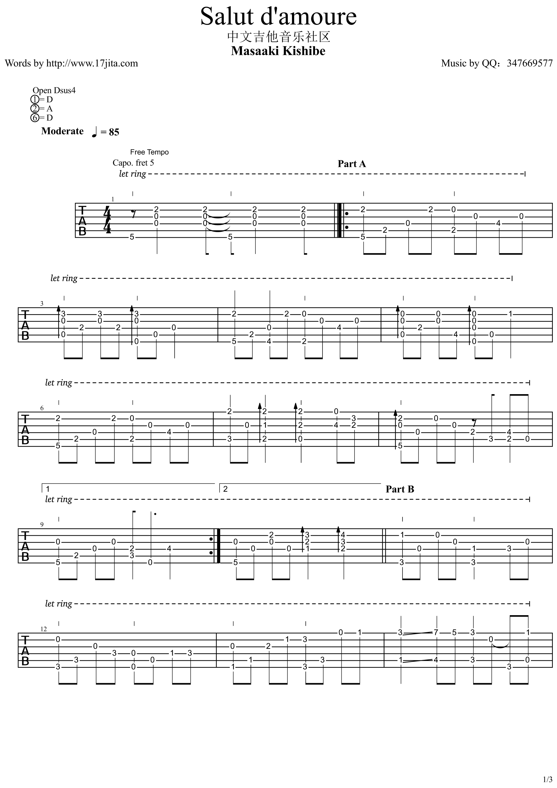 岸部真明_爱的礼赞_Salut_damoure__指弹__吉他谱_Guitar_Music_Score