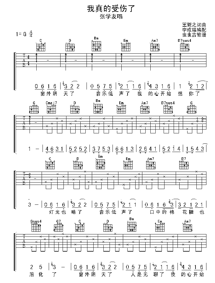 我是真的受伤了|吉他谱|图片谱|高清|张学友