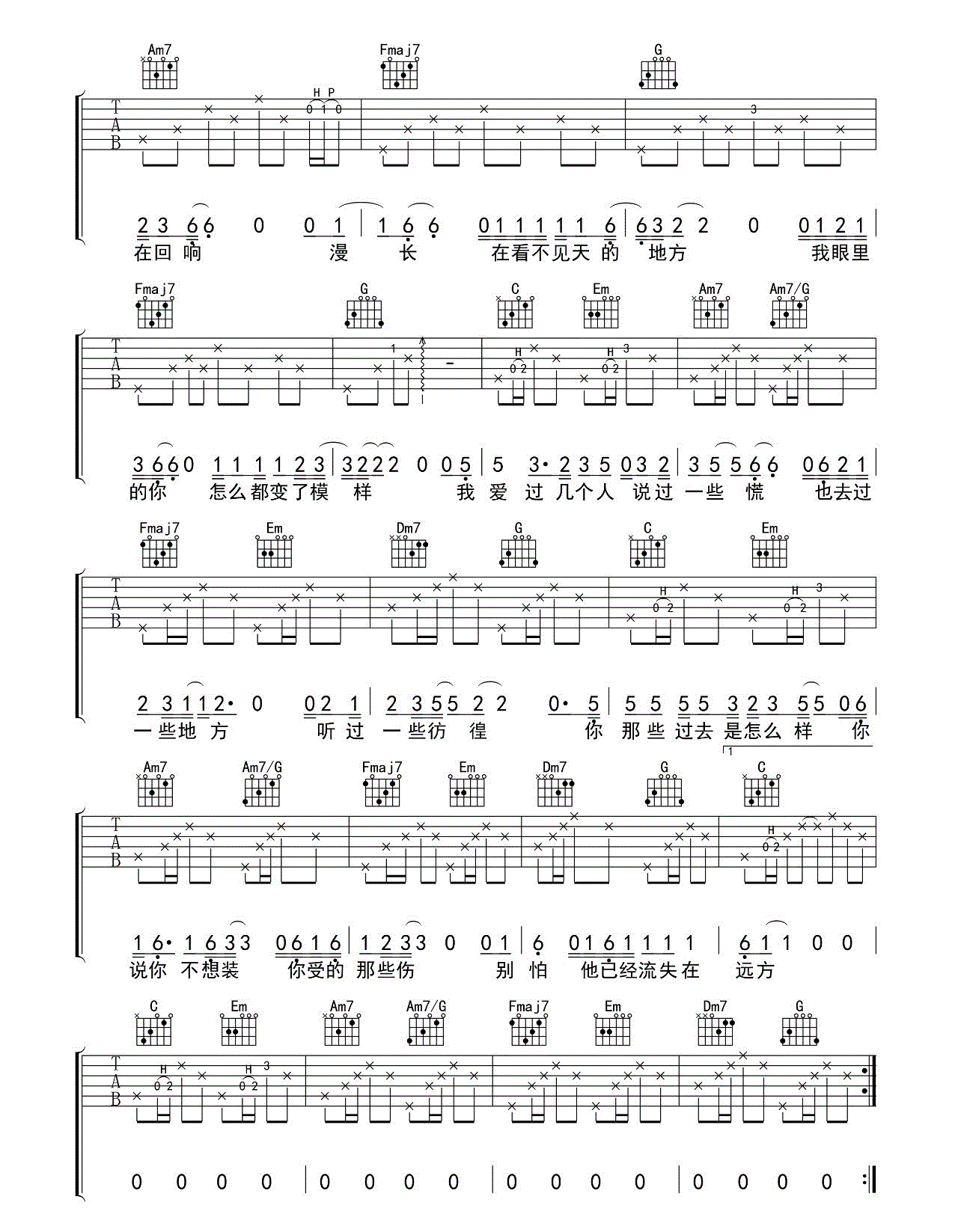 七月的南方_莫倪_C调六线谱完整版_吉他谱_莫倪moni_吉他图片谱_高清