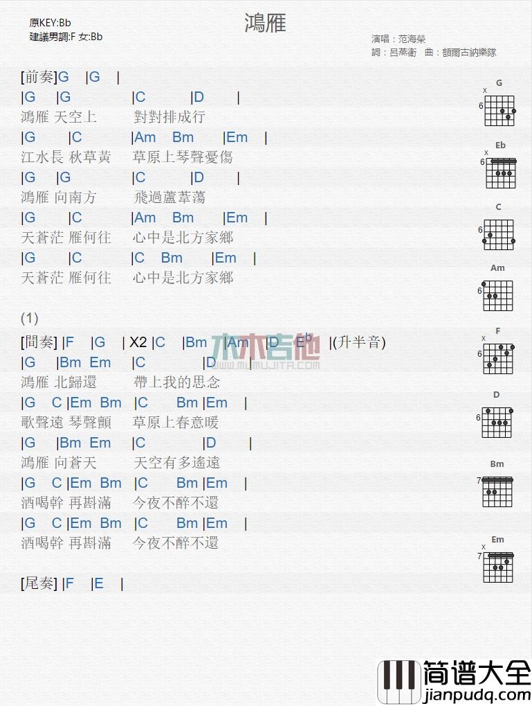 范海荣_鸿雁_吉他谱_Guitar_Music_Score