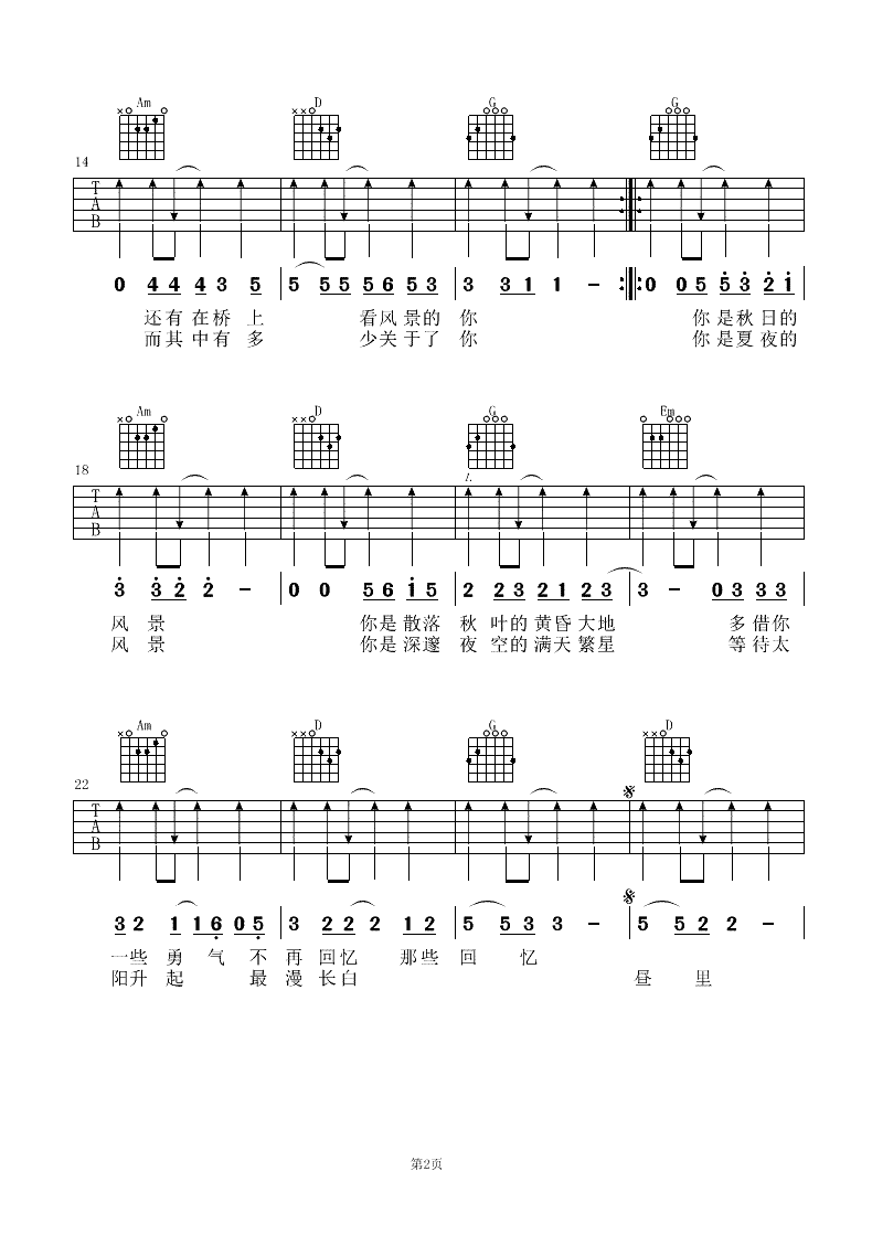 丢火车乐队_风景_吉他谱_六线谱_弹唱谱_指弹谱_电视剧片头曲