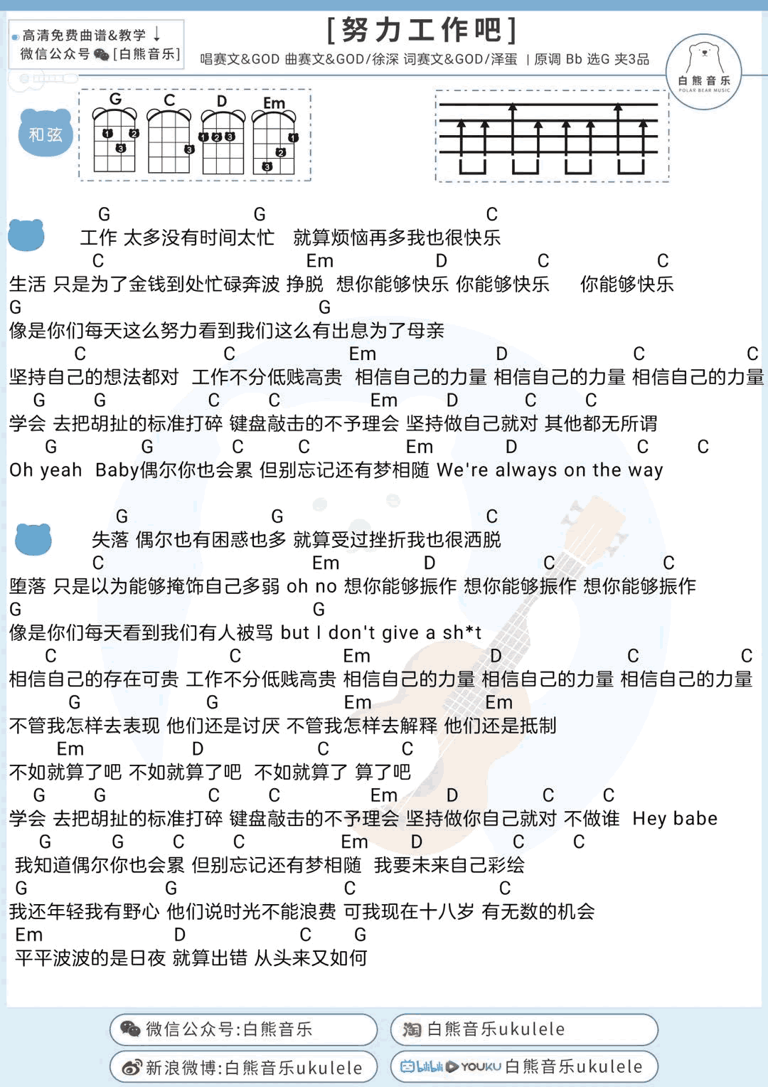 努力工作吧吉他谱_赛文&GOD_吉他图片谱__高清