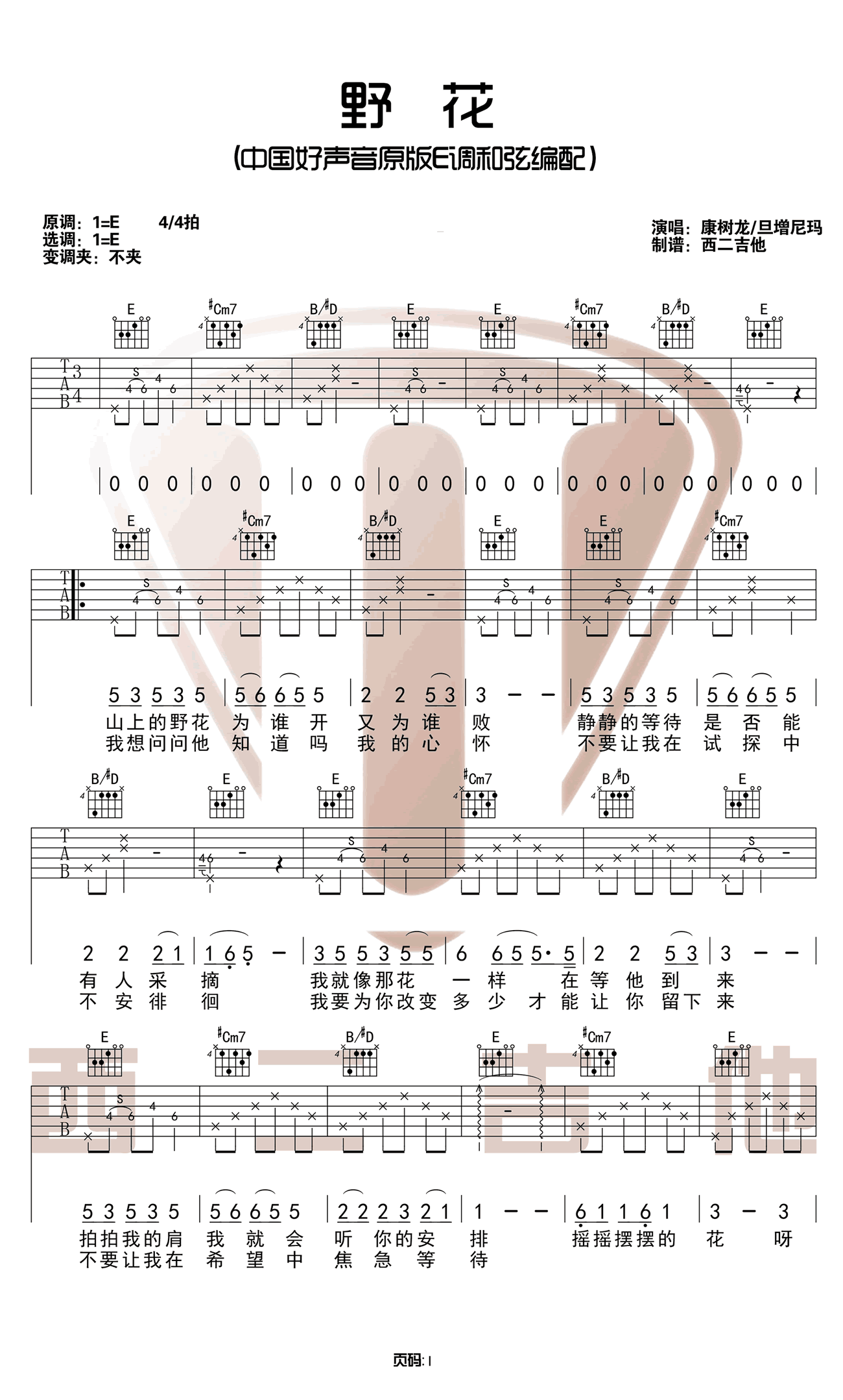 野花吉他谱_康树龙__野花_E调原版弹唱六线谱_高清图片谱