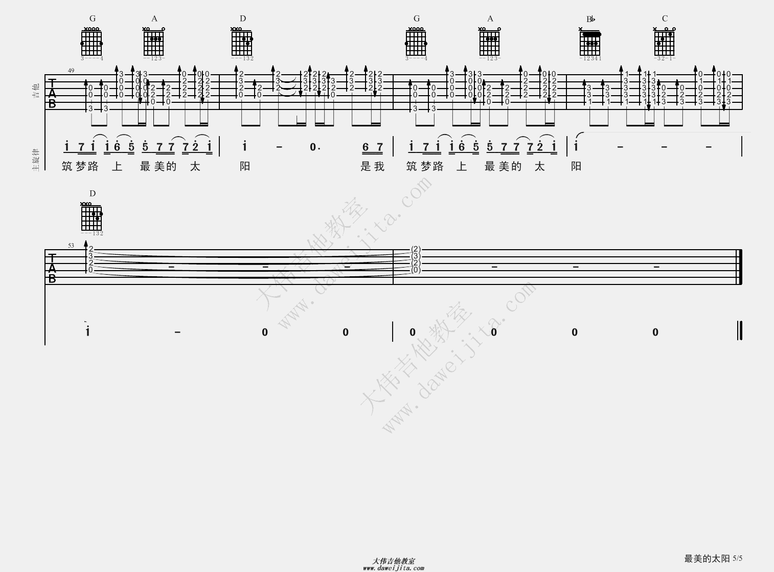 张杰_最美的太阳_吉他谱(C转D调)_Guitar_Music_Score