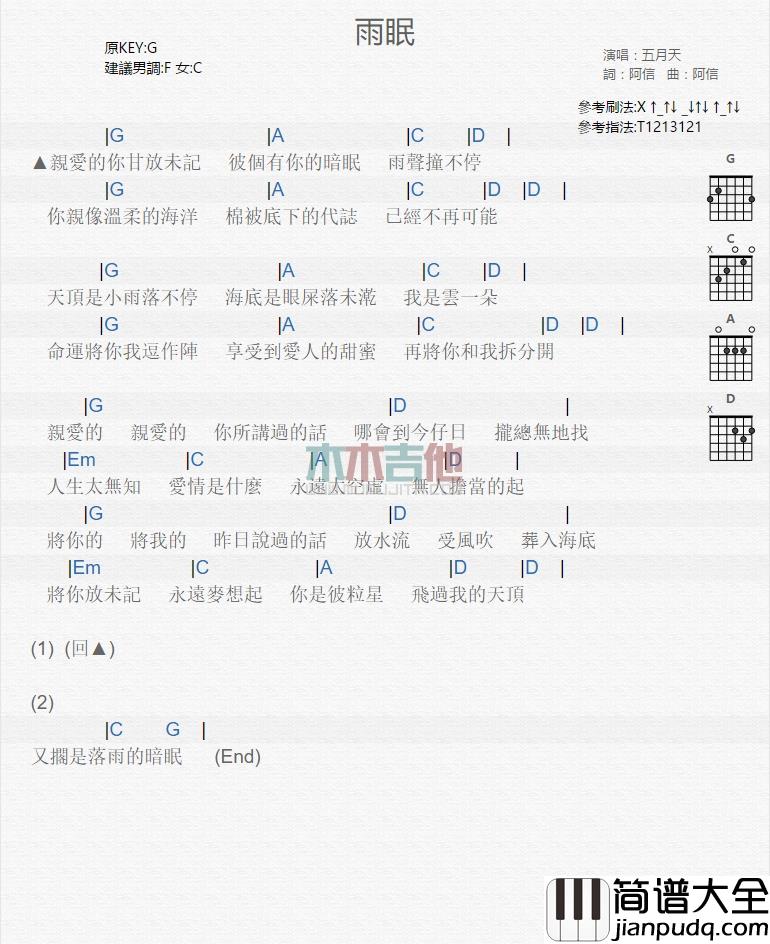 五月天_雨眠_吉他谱_Guitar_Music_Score