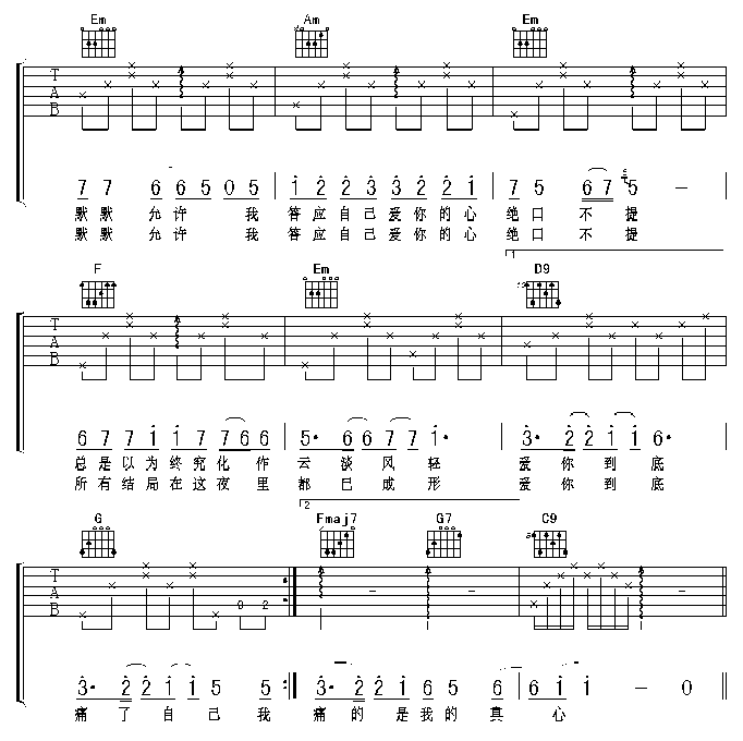 绝口不提爱你|版本一|吉他谱|图片谱|高清|郑中基