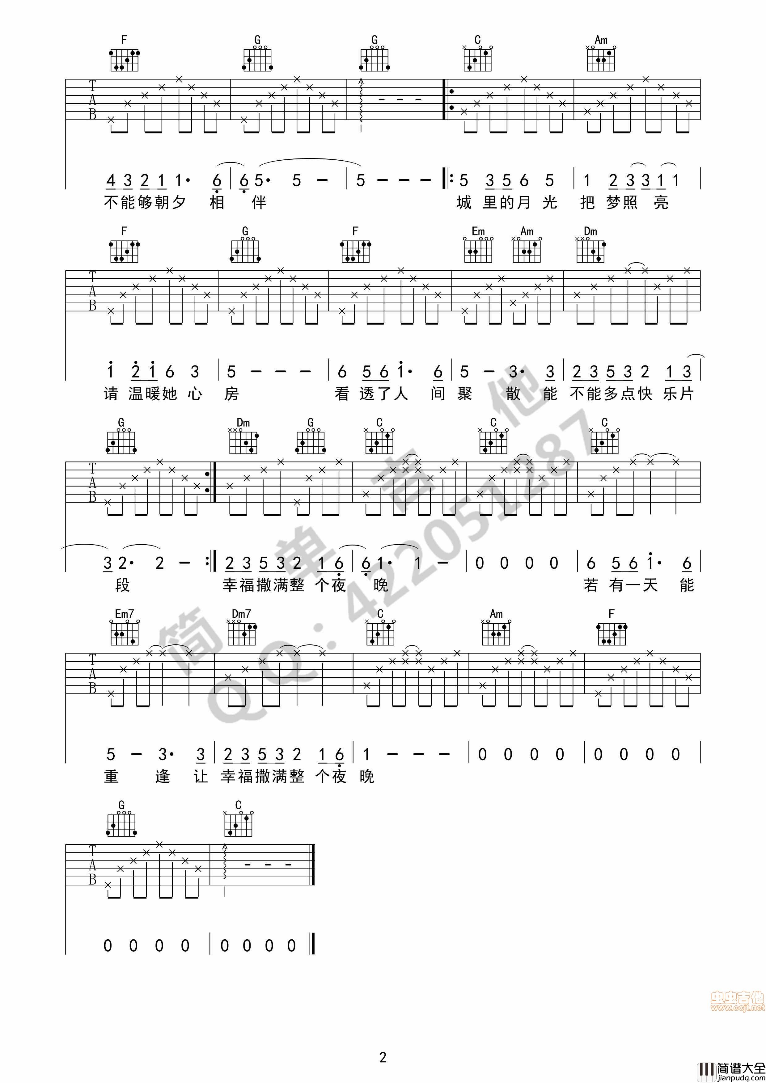 城里的月光|C调简单版|吉他谱|图片谱|高清|许美静