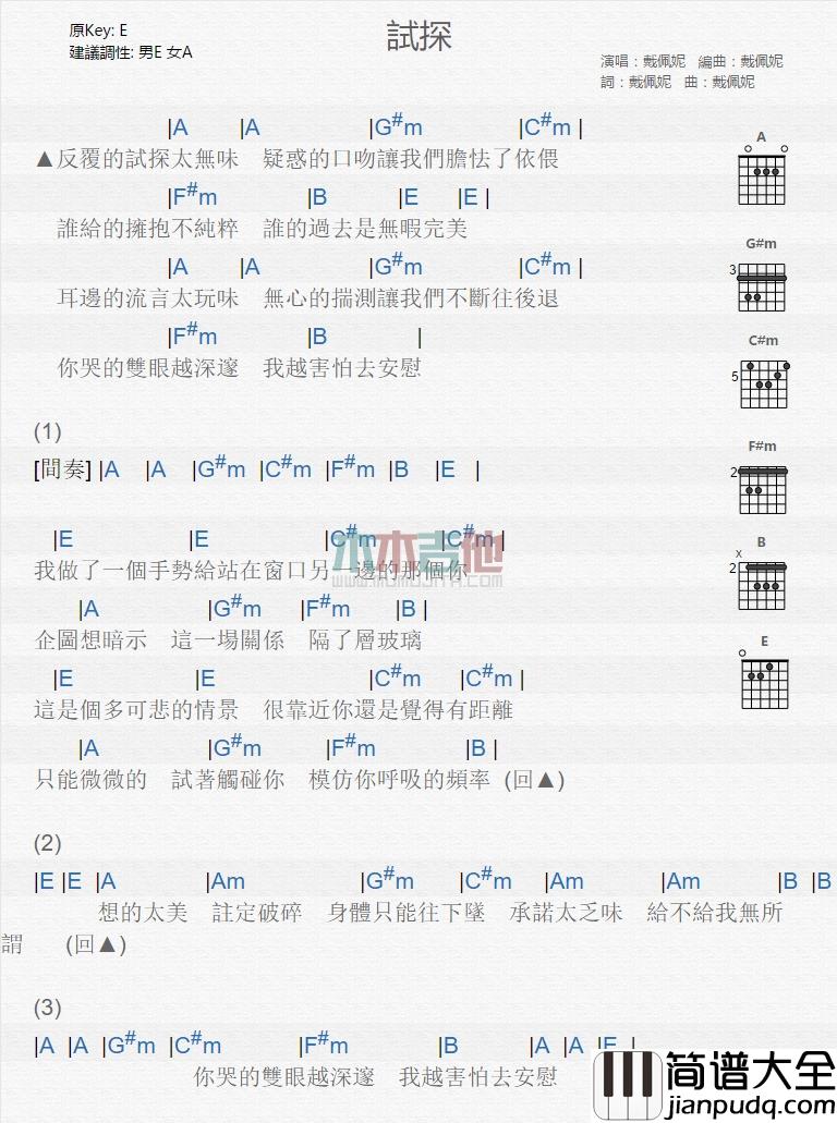 戴佩妮_试探_吉他谱_Guitar_Music_Score