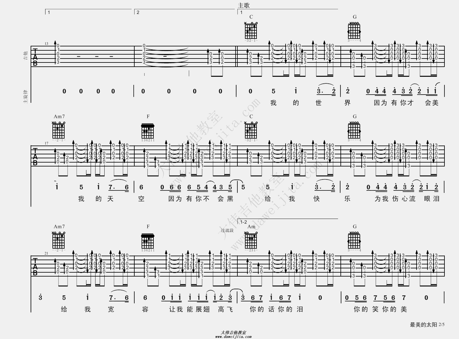 张杰_最美的太阳_吉他谱(C转D调)_Guitar_Music_Score