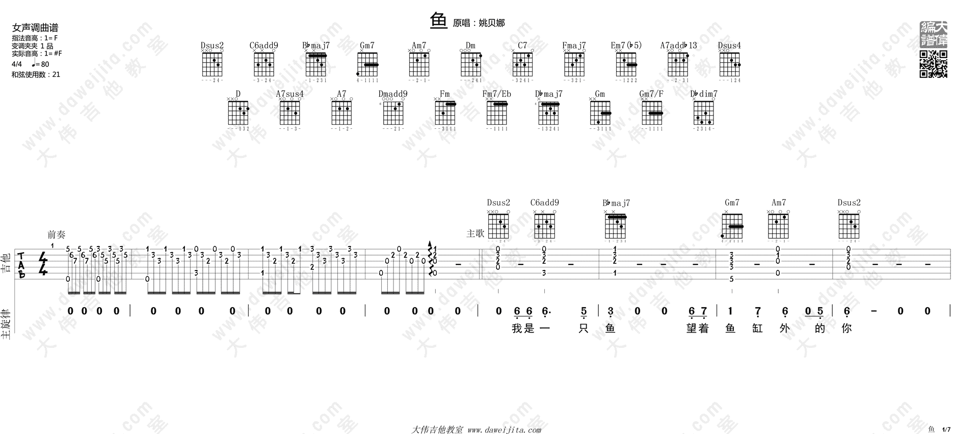 姚贝娜_鱼_吉他谱(F调)_Guitar_Music_Score