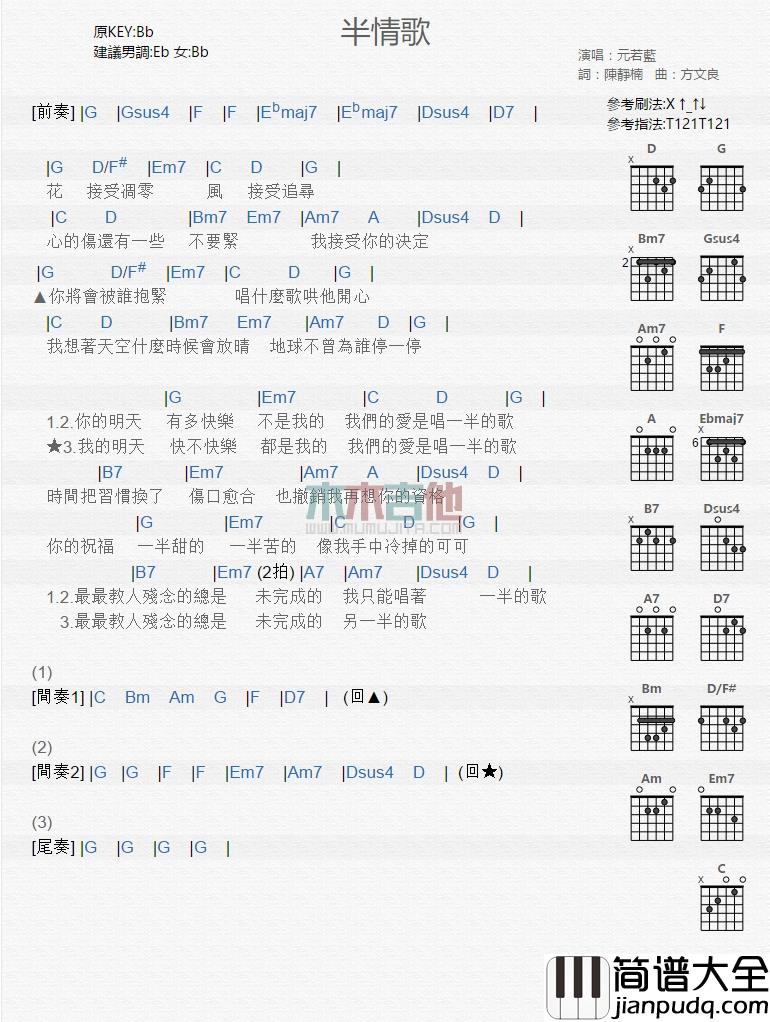 元若蓝_半情歌_吉他谱_Guitar_Music_Score