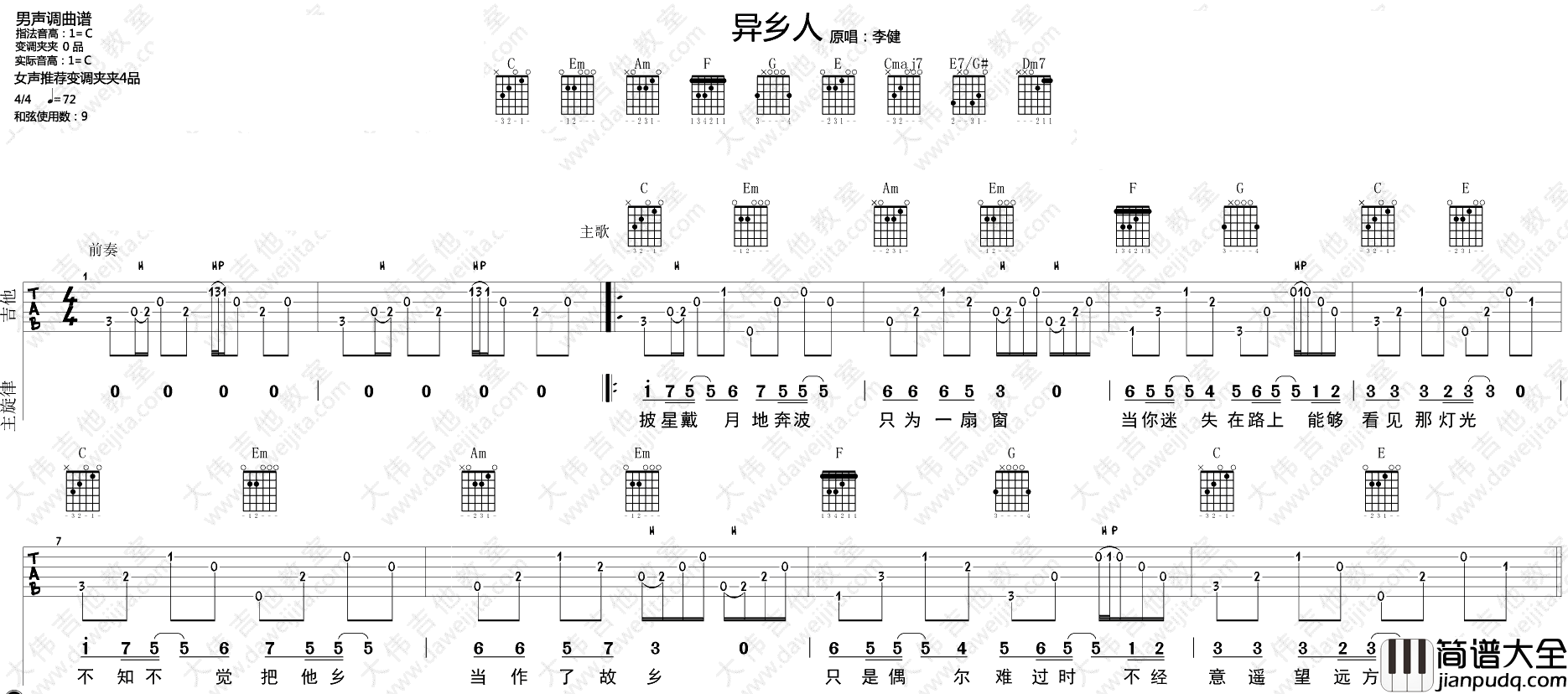 异乡人_C调弹唱六线谱_图片谱完整版_吉他谱_李健_吉他图片谱_高清