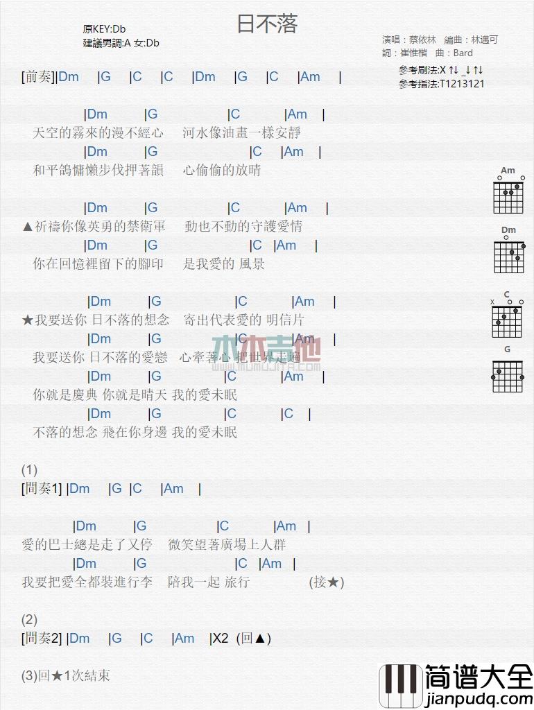 蔡依林_日不落_吉他谱_Guitar_Music_Score