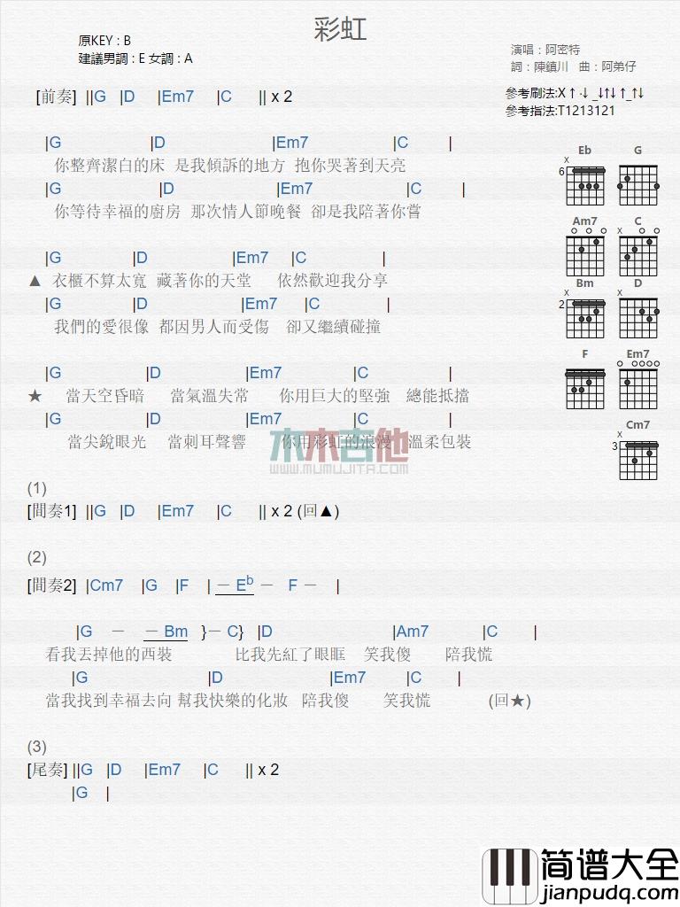 张惠妹_彩虹_吉他谱_Guitar_Music_Score