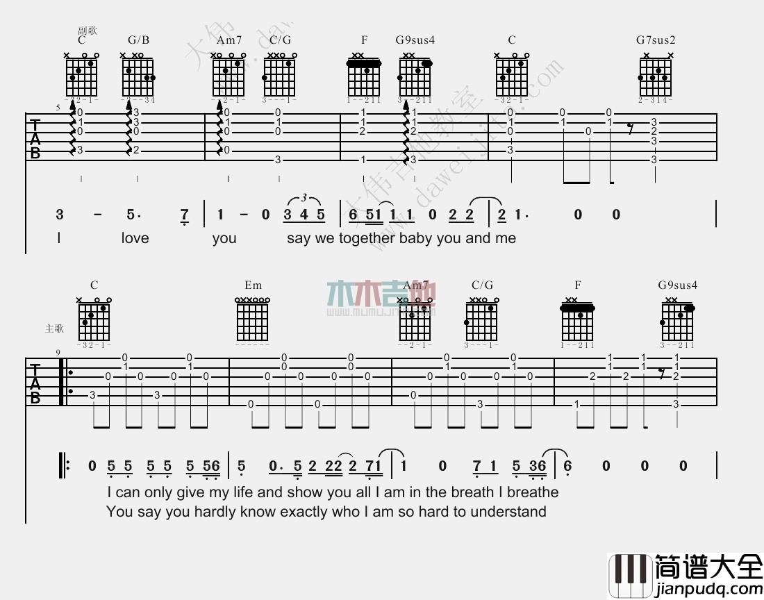 王若琳_I_Love_You_吉他谱(升C调)_Guitar_Music_Score