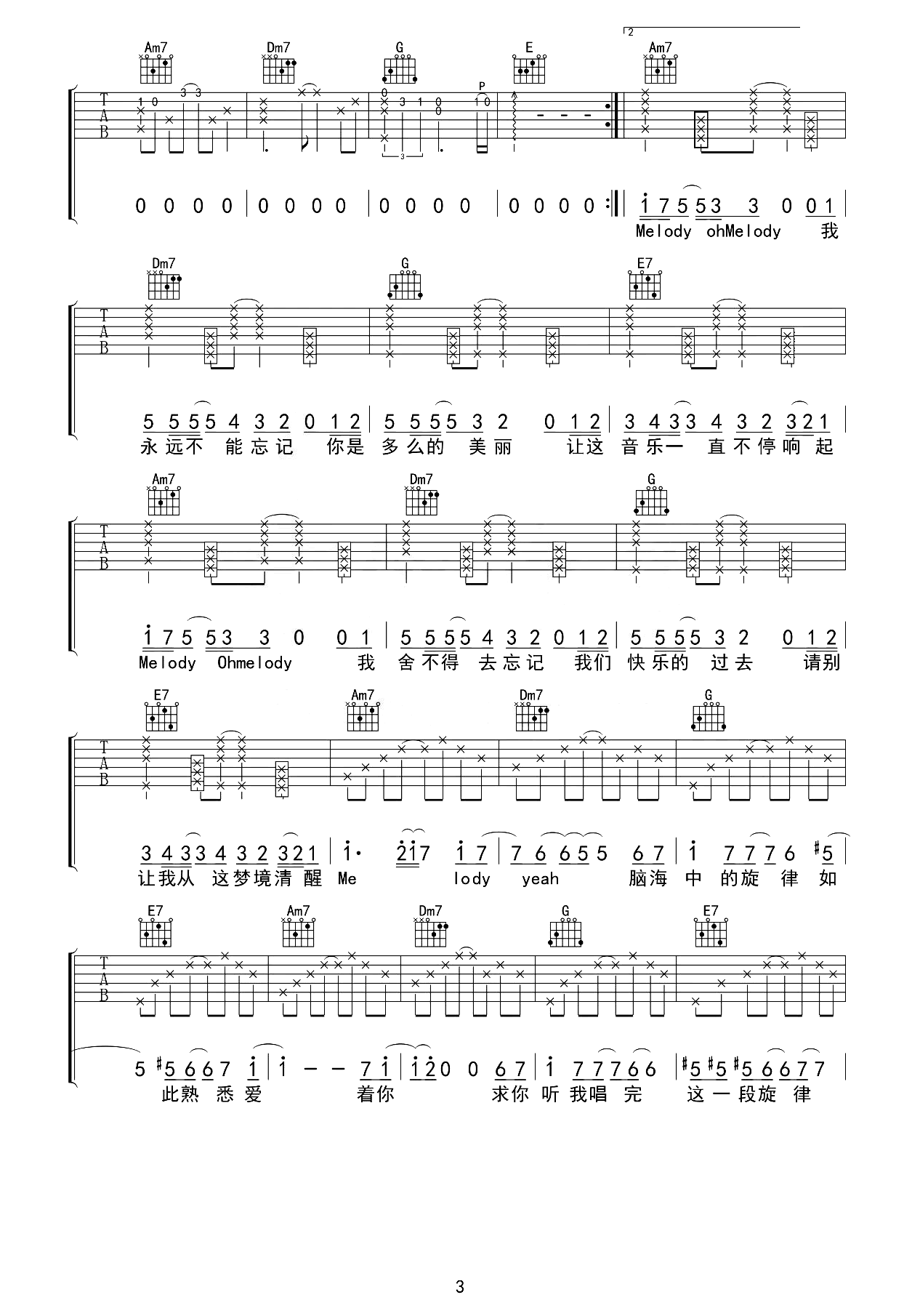 Melody吉他谱_陶喆_C调原版_完整弹唱六线谱