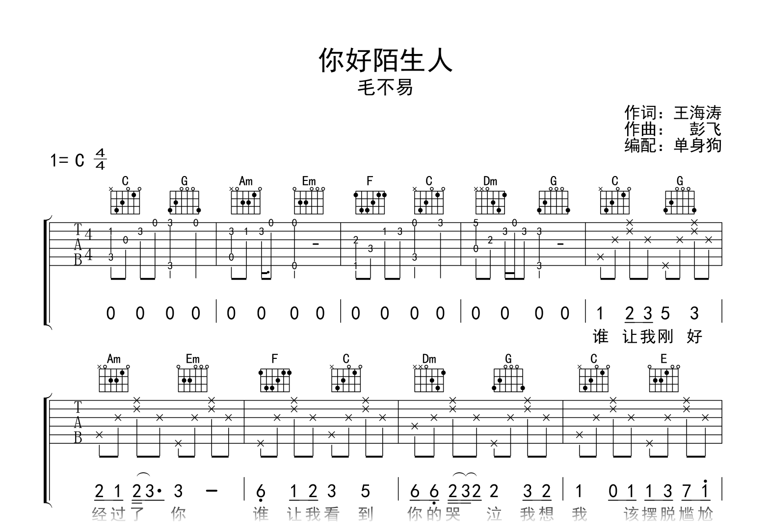 你好陌生人吉他谱_毛不易_C调弹唱六线谱