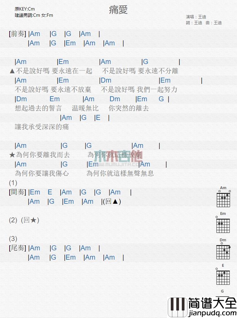 王迪_痛爱_吉他谱_Guitar_Music_Score